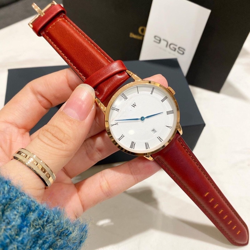 Đồng hồ nam W , Nữ W dây da may chỉ kim xanh có lịch size 34mm 38mm