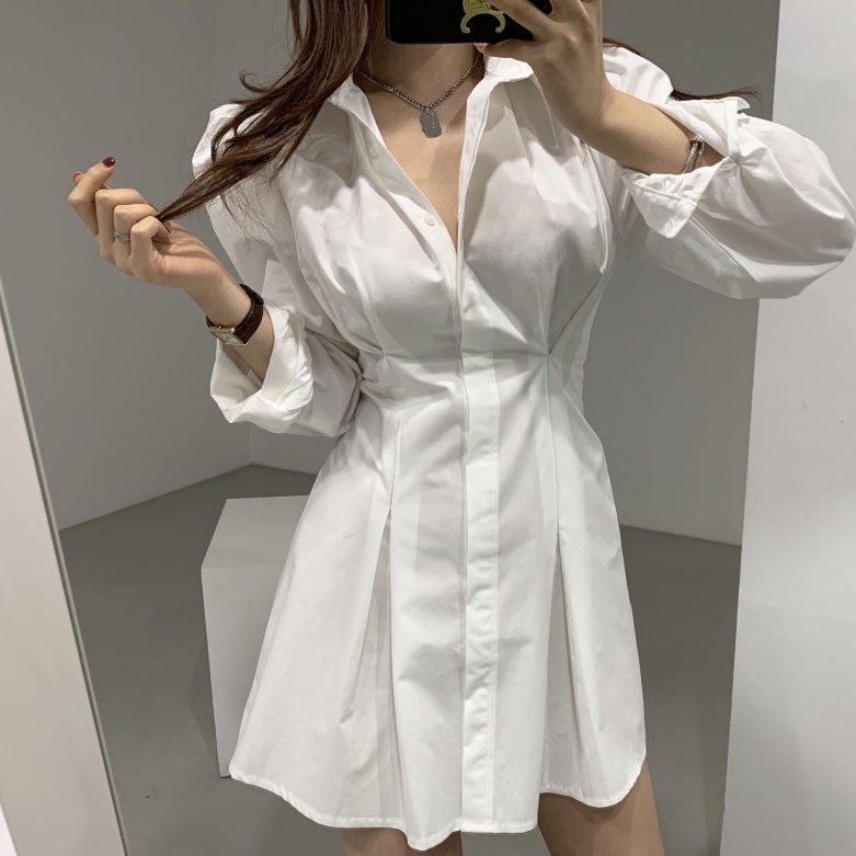 Xiaozhainv Đầm Sơ Mi Lưng Cao Cổ Bẻ Phong Cách Hàn Quốc Quyến Rũ Cho Nữ