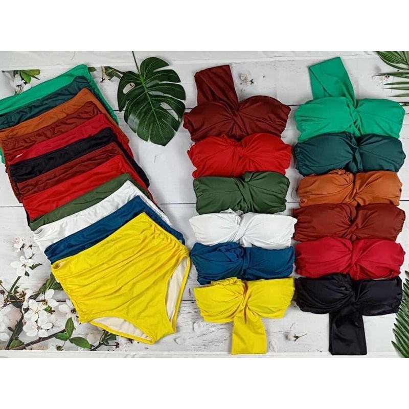 bikini áo gọng 1 vai kèm quần nhún cạp cao