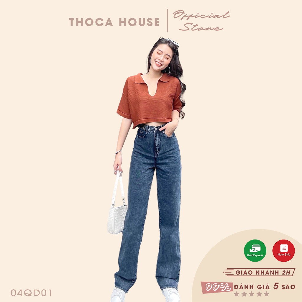 Quần jeans nữ style ống rộng tua kiểu lai lưng xám đậm 100 THOCA HOUSE dày dặn, phong cách thời thượng, sành điệu