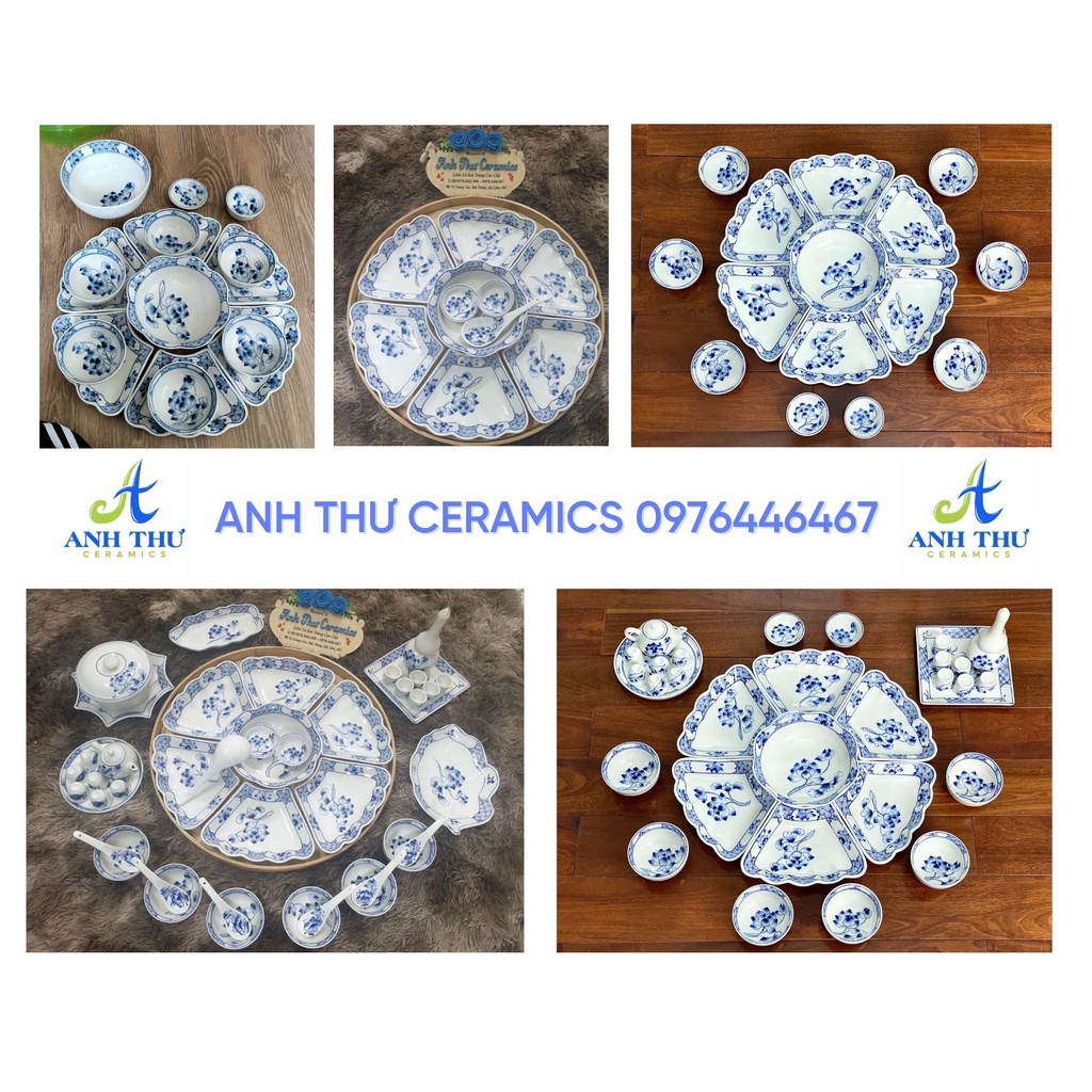 Bộ bát đĩa hoa mặt trời men gốm vẽ hoa sen cành viền tranh Bát Trànghàng chuẩn loại 1 decor bàn ăn dễ thương