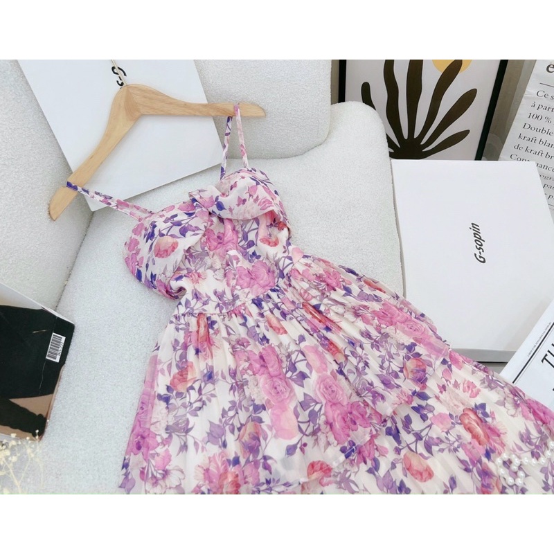 Đầm maxi hoa hai dây dập ly, váy maxi di biển hai dây 3 màu sang