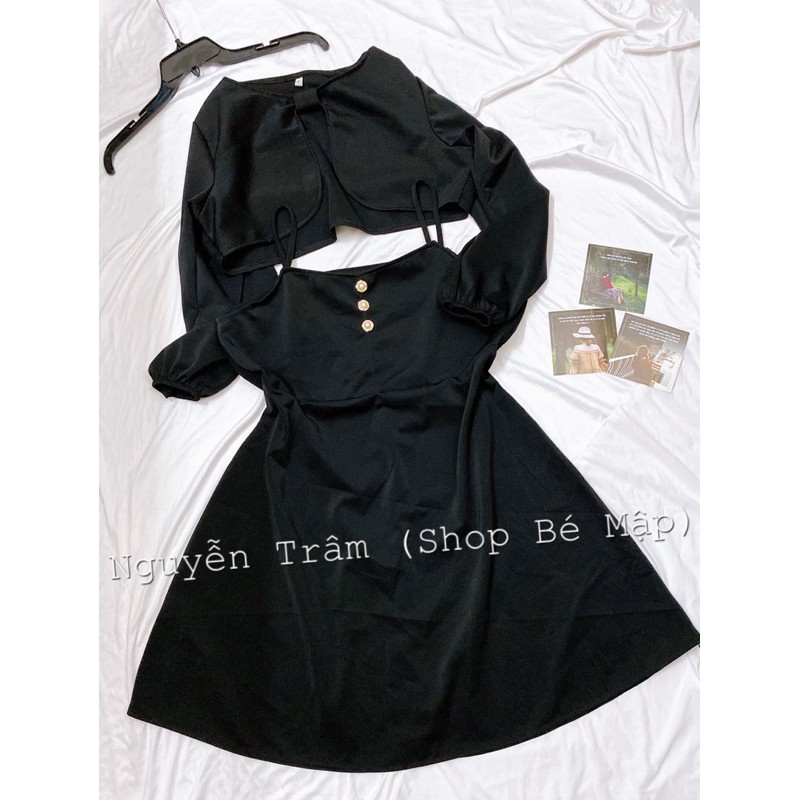 Set Đầm Xoè 2 Dây Kèm Áo Khoác Croptop Tay Dài Hot Hit 70-90Kg