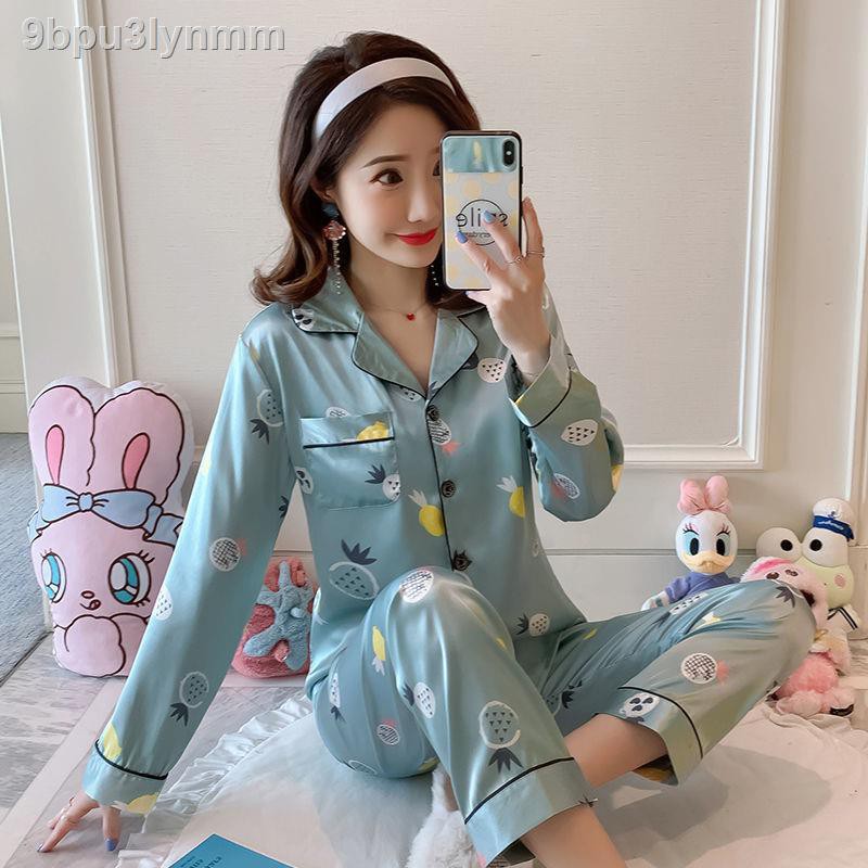 Đồ bộ/ Đồ mặc nhàpyjama nữ mùa xuân và thu hè dài tay lụa băng quần áo ở nhà mỏng mô phỏng bộ đồ của mẹ