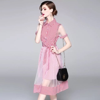 Váy kẻ hồng kèm đai