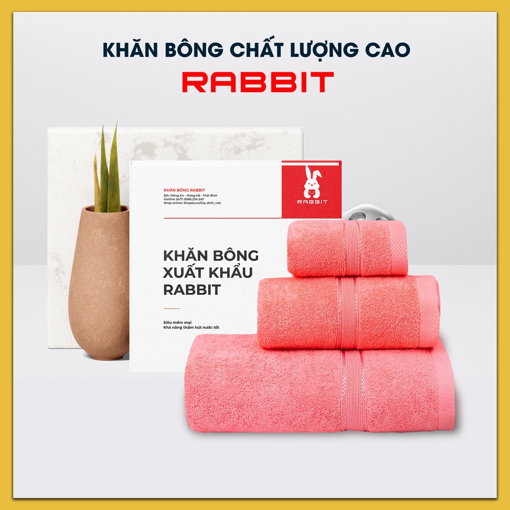 Bộ 3 khăn tắm mặt gội cao cấp Rabbit với sợi bông cotton dày thấm hút tốt, không đổ lông, không ra màu