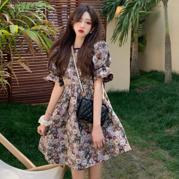 Đầm Tay Phồng Họa Tiết Gấu Phong Cách retro Thời Trang Mùa Hè Mới