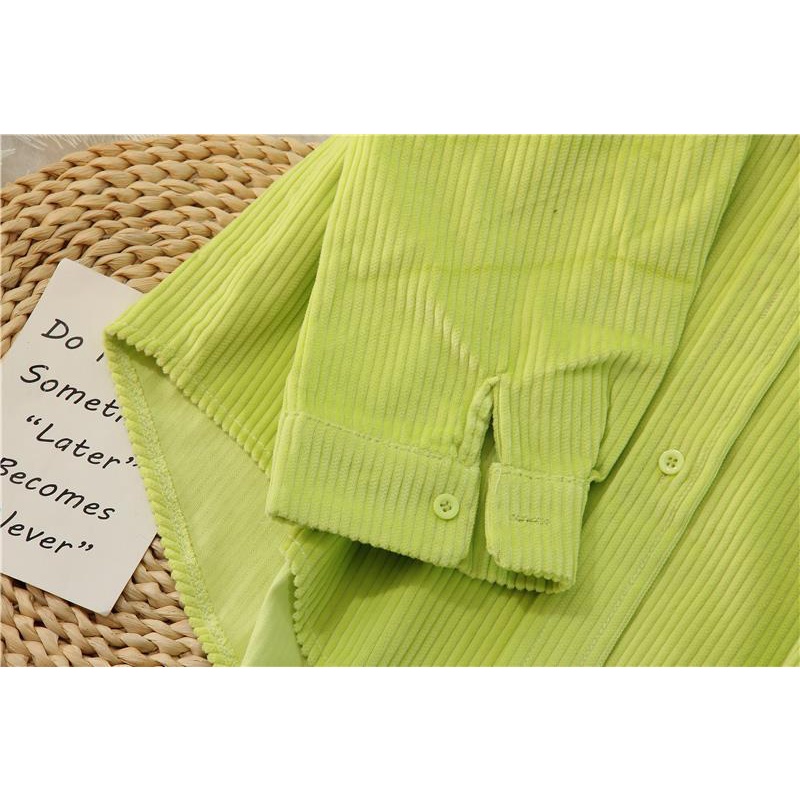 Áo Sơ Mi Nhung Kẻ Tay Dài Dáng Rộng Màu Xanh Dạ Quang Phong Cách Hàn Quốc Dành Cho Nữ