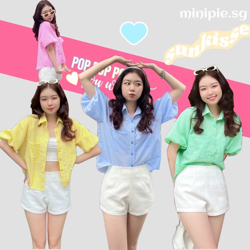 Áo Sơ Mi Tay Bồng Form Croptop Chất Liệu Xốp Hoạ Tiết Caro Dễ Thương Đi Học Minipie