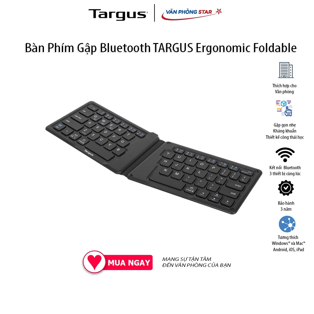 Bàn phím gập Bluetooth TARGUS kháng khuẩn AKF003 dùng cho Windows, MacOS, Android, iOS, iPad chính hãng bảo hành 3 năm