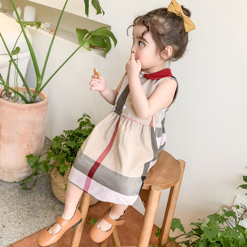 Đầm Không Tay Họa Tiết Sọc Caro Phong Cách Hàn Quốc Cho Bé Gái