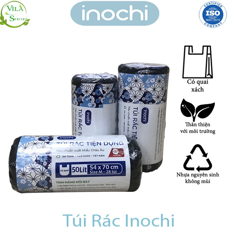 [ Lô 4 Cuộn ] Túi Rác Tự Huỷ, Túi Rác Có Quai Tiện Dụng Chính Hãng Inochi, Loại 10L 25L 50L - Dạng Cuộn Màu Đen