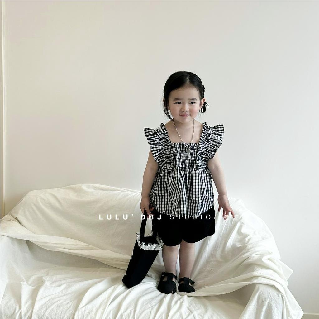 Áo Sơ Mi Tay Phồng Cổ Vuông Họa Tiết Sọc Caro Phong Cách Hàn Quốc Ngọt Ngào Thời Trang Mùa Hè Cho Bé Gái