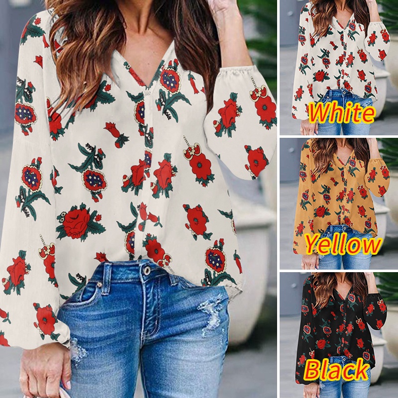 Zanzea Áo Kiểu Tay Dài Cổ Chữ V In Họa Tiết Hoa Thanh Lịch Dành Cho Nữ