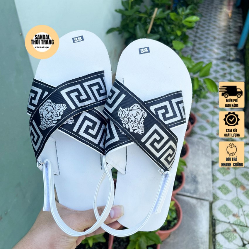 Dép quai hậu nữ nam, SANDALTHOITRANG đi Giày sandal nữ đi học quai chéo A9 thun cop Trắng/Đen full size 30-44