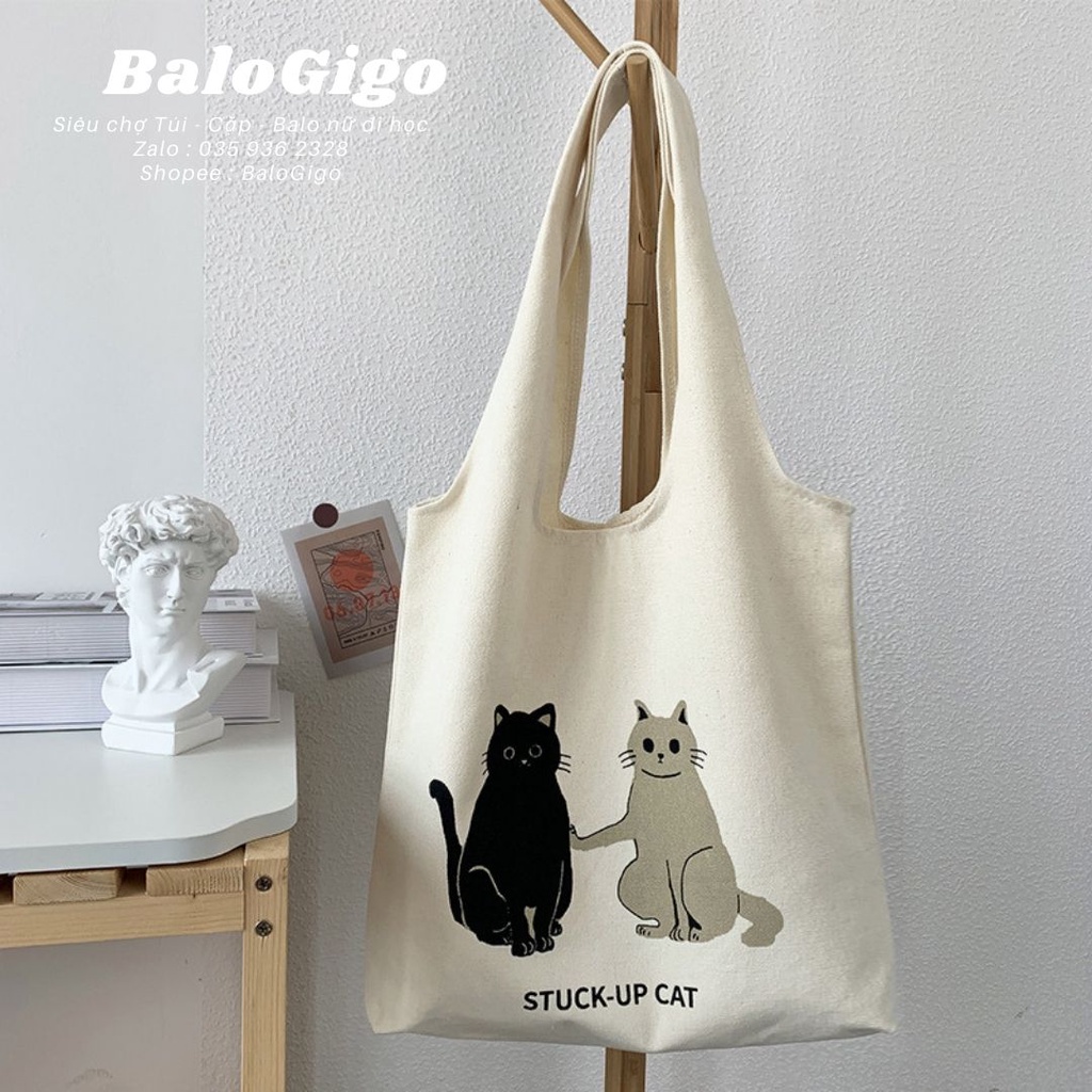 Túi Tote vải canvas 2 con mèo TT78 - BaloGigo