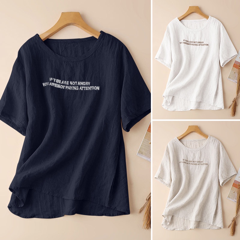 Áo thun Zanzea tay ngắn cổ tròn thêu chữ đơn giản thời trang cho nữ