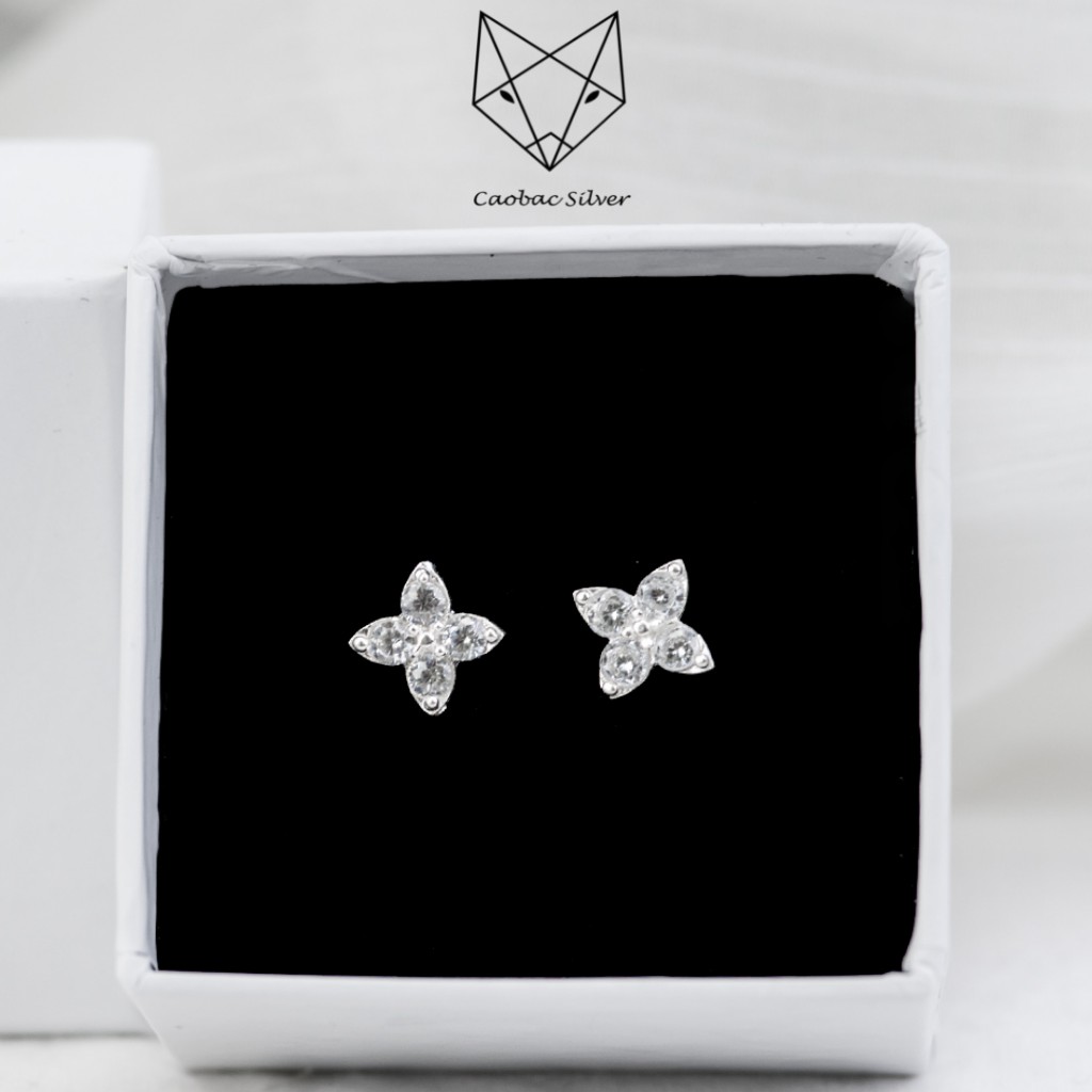 Khuyên Tai Bạc Nữ CaoBac Silveri Đính Đá Chất Liệu Bạc Ta Mặt Hoa Bốn Cánh Nhọn Sang Chảnh Đơn Giản Thanh LỊch Cho Nữ