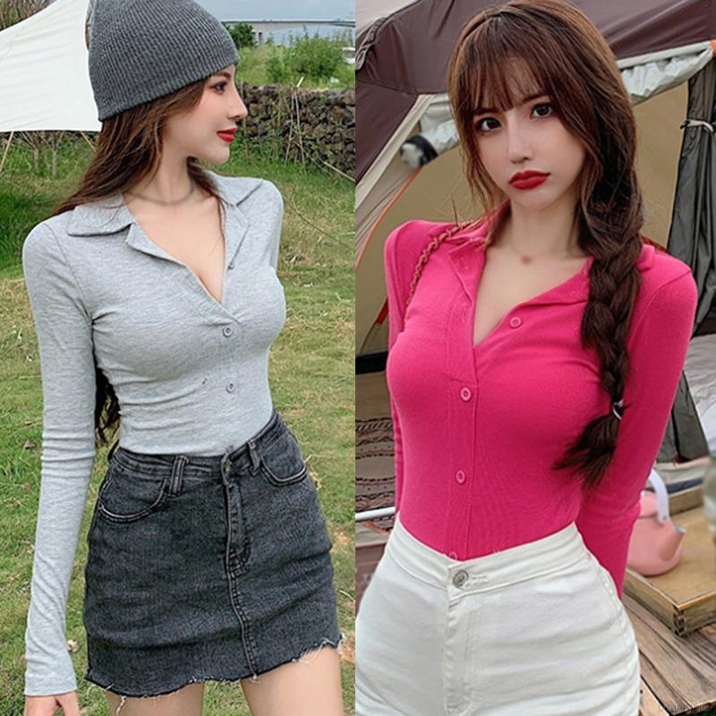 Áo Thun Tay Dài Màu Trơn Thiết Kế Bó Sát Gợi Cảm Cho Nữ