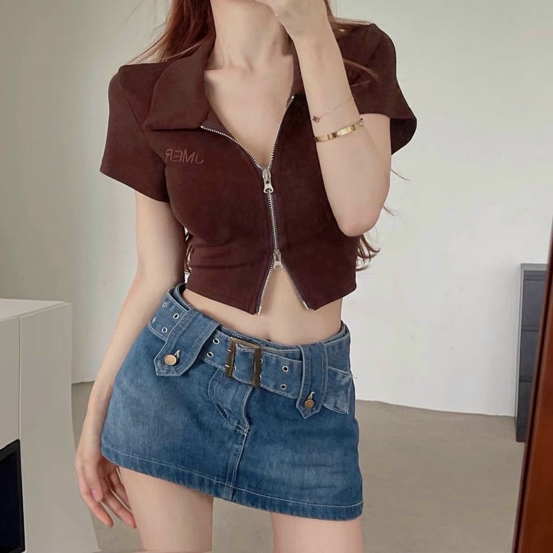 Áo croptop polo dây kéo 2 đầu hottrend