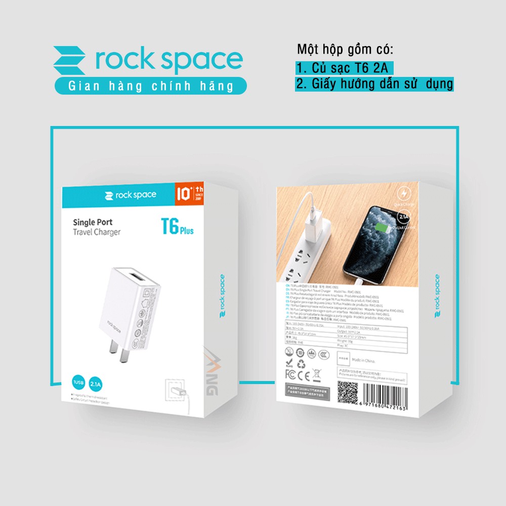 Củ Sạc iPhone Rockspace T6 plus 2A 1 cổng USB dành cho Samsung Huawei Vsmart Oppo  iPad máy tính bảng Hàng chính hãng