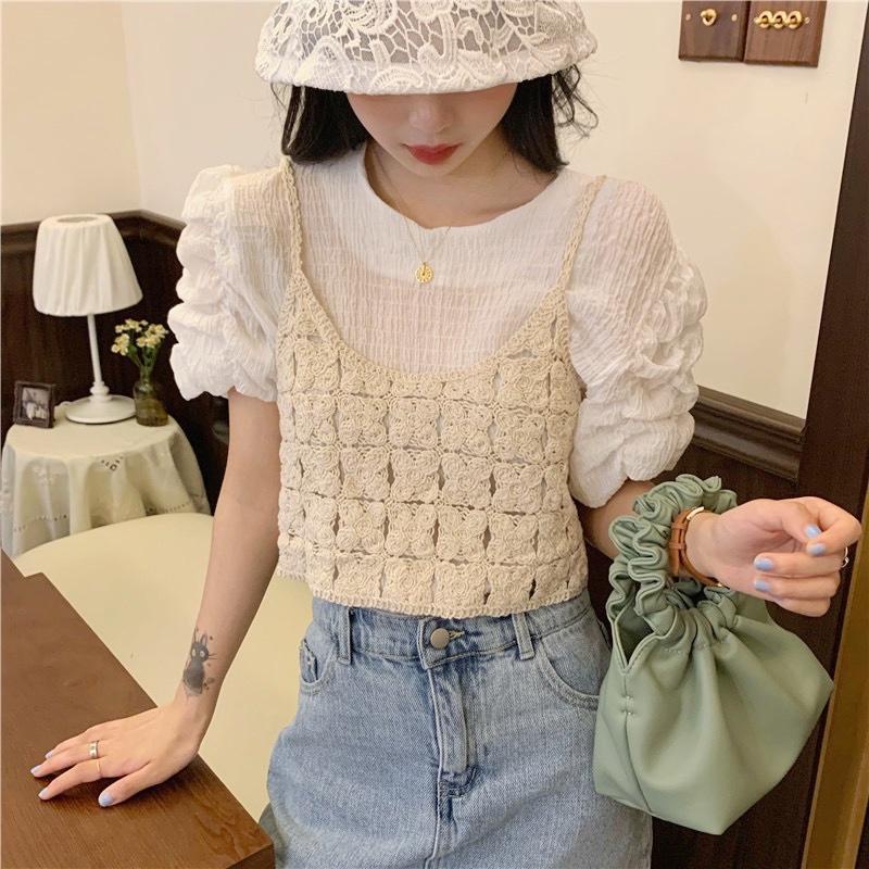 VN767 JinYi Áo hai dây nữ len đan móc croptop hai màu trắng kem đi chơi đi biển đi du lịch chất đẹp dễ phối đồ
