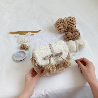 Túi len tự đan pom pom, túi handmade yên ngựa - phụ kiện đan túi