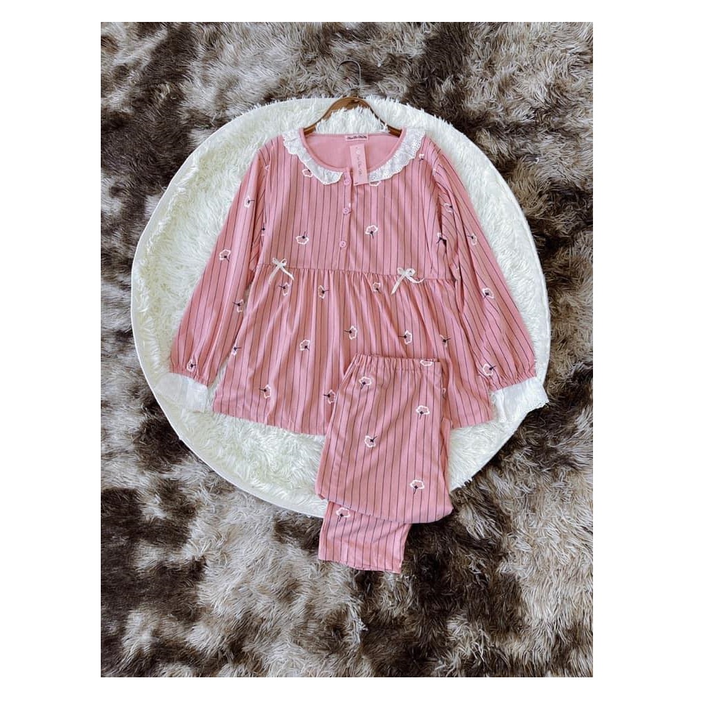 Bộ bầu và sau sinh dài tay, cổ ren bèo chất cotton đẹp mềm, kiểu dáng kẻ sọc cực xinh và trẻ trung