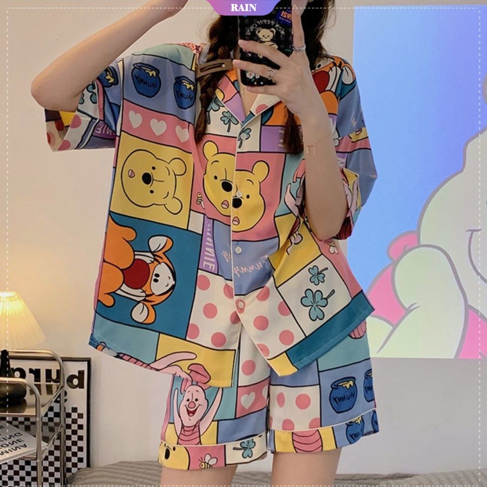Bộ Đồ Ngủ Ngắn Tay In Hoạt Hình Gấu Pooh / Heo Đáng Yêu Dành Cho Nữ