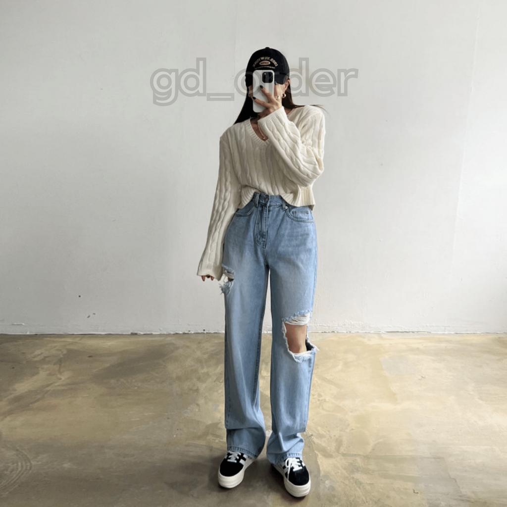 Q6|Quần jeans bò nữ ống rộng lưng cao rách gối hàn quốc basic dễ mặc đi học, đi chơi gd_order
