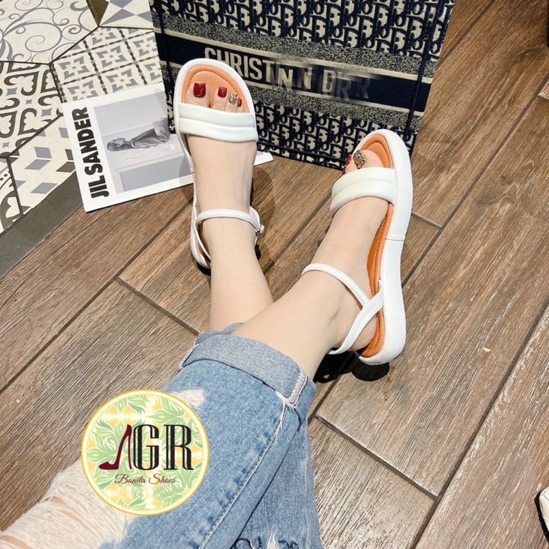 Sandal quai ngang phồng viền lót nâu cao 2cm