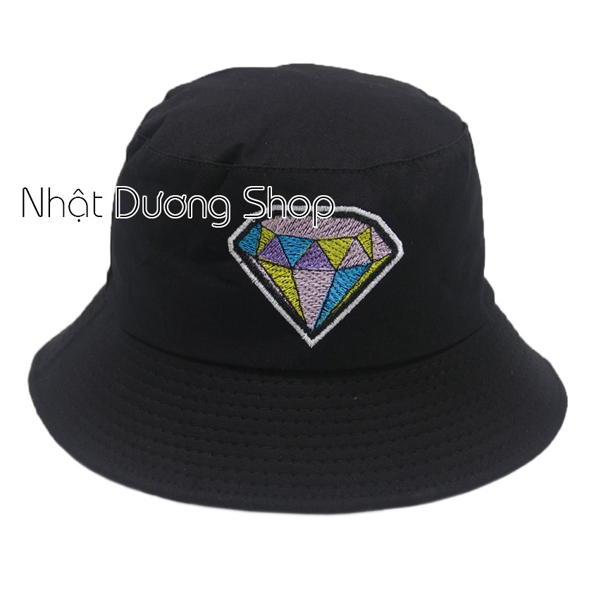 Nón tai bèo thêu hình viên kim cương - Đen, chất liệu Cotton thoáng mát, thích hợp cả nam và nữ