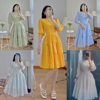 Đầm babydoll tiểu thư tay dài xòe tùng 3 tầng phối ren họa tiết màu vàng xanh D0095 - Buns Store