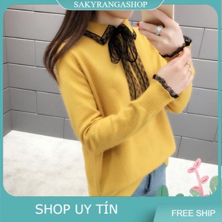 ÁO LEN CỔ SƠ MI PHỐI REN CỘT NƠ