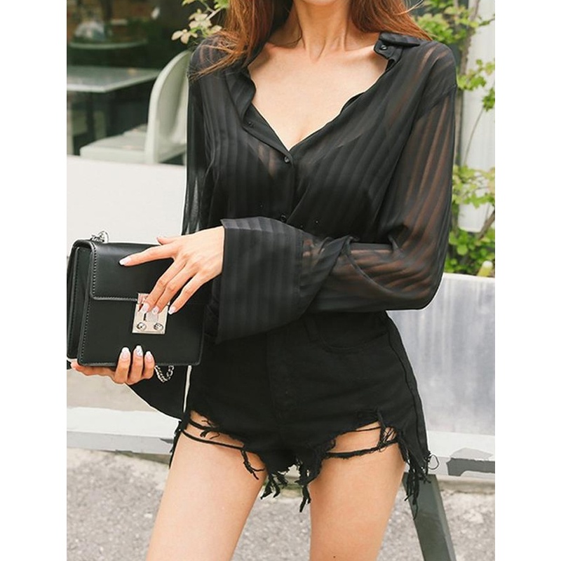 Áo Sơ Mi Đen Tay Dài Dáng Rộng Cài Khuy Kiểu Hàn Quốc Thời Trang Mùa Hè Cho Nữ