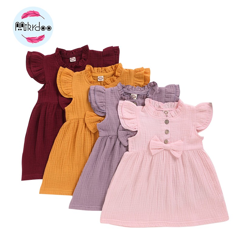 Đầm Dáng Chữ A Vải Lanh Cotton Tay Bay Màu Trơn Dễ Thương Cho Bé Gái 1-4 Tuổi