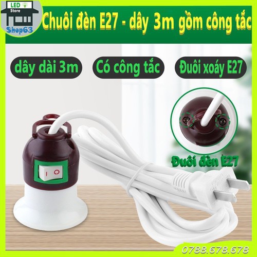 Đuôi đèn E27 chống cháy cao cấp - gồm dây dài 3m có kèm công tắc (đuôi xoáy 27 - nguyên bộ như hình)