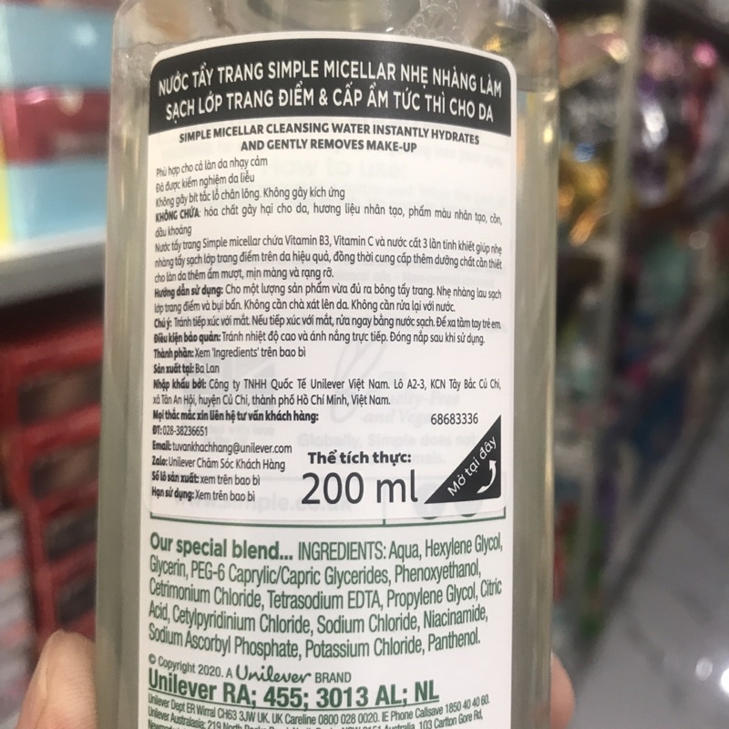 Nước Tẩy Trang Simple Micellar cleansing Water 200ml