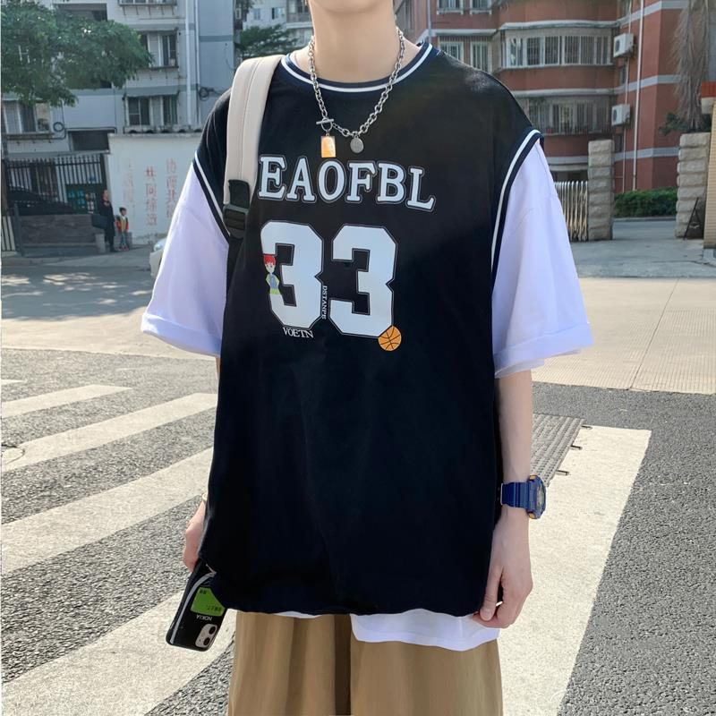 Áo thun nam tay ngắn giả hai lớp phong cách Hồng Kông thời trang mùa hè mới năng động