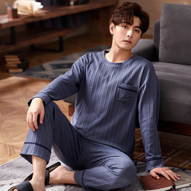 Bộ Đồ Ngủ Vải Cotton Tay Dài Cổ Tròn Dáng Rộng Thoải Mái Thời Trang Cho Nam