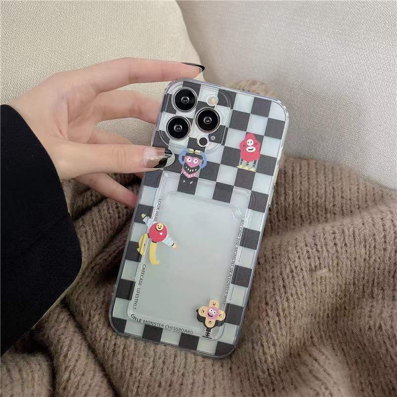 Ốp Điện Thoại Dẻo Trong Suốt Họa Tiết Bàn Cờ Kèm Ngăn Đựng Thẻ Cho iPhone 13 11 12 Pro Max X XS XR 7 8 Plus SE 2020