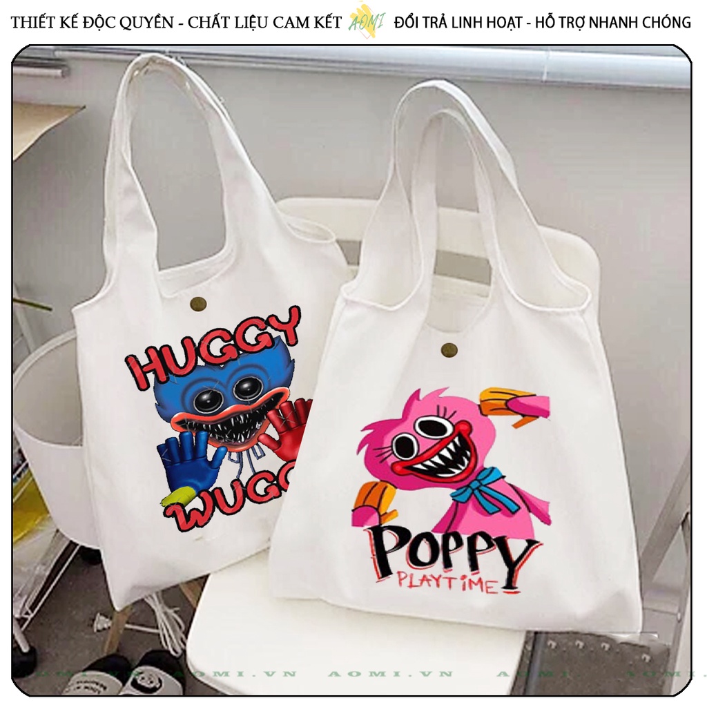TOTE CANVAS Poppy Playtime Huggy Wuggy FORM TRÒN TÚI VẢI ĐEO VAI BAG NÚT BẤM SIZE LỚN AOMIVN DU LỊCH DẠO PHỐ CÁ TÍNH