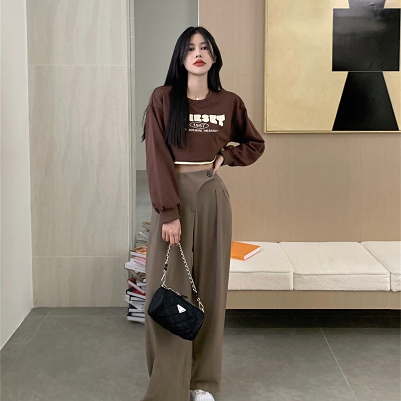 Áo Croptop Tay Dài Cổ Tròn Dáng Rộng Thời Trang Mùa Thu