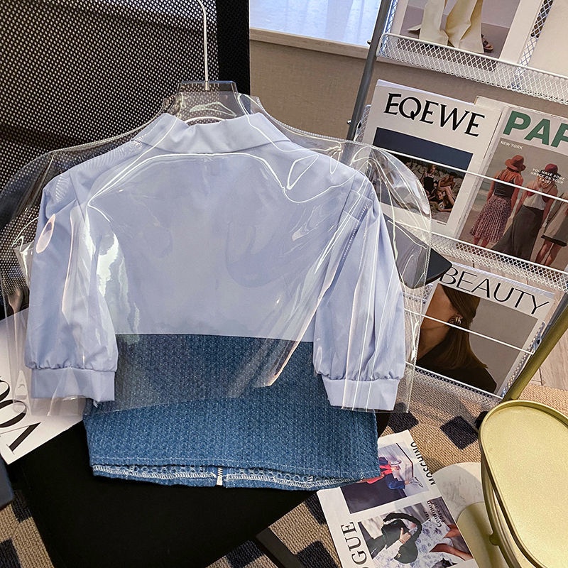 Áo Sơ Mi Tay Ngắn Dáng Ôm Phối Vải denim Thời Trang Mùa Hè Cho Nữ