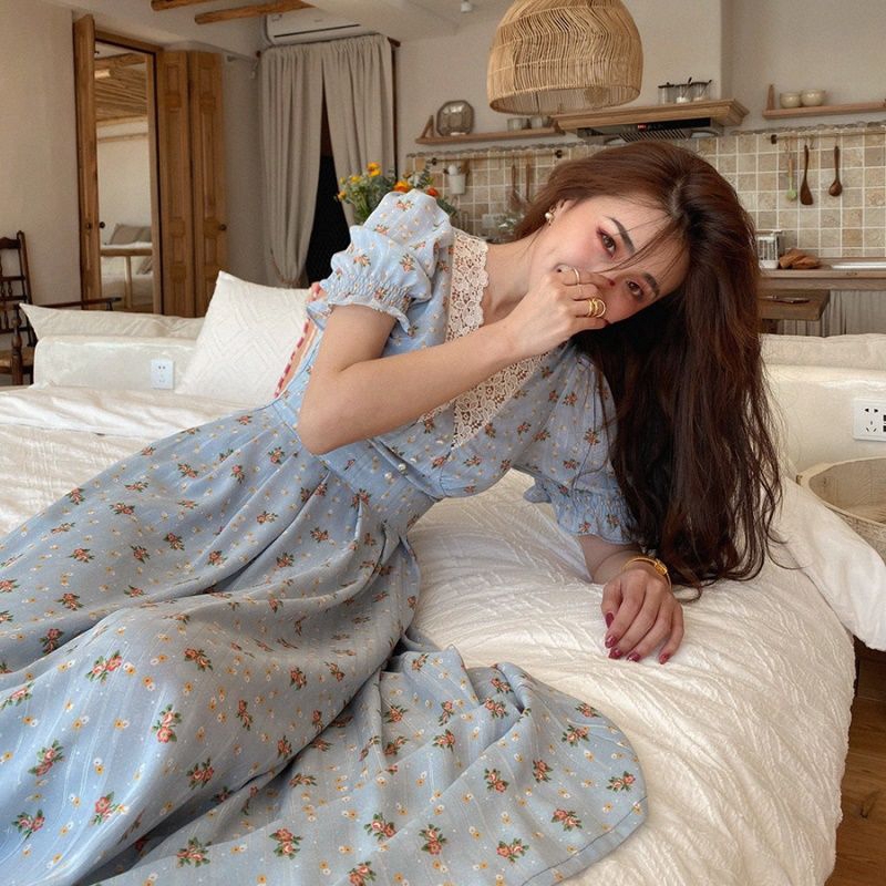 Đầm Maxi In Hoa Phối Ren Kiểu Pháp Thời Trang Mùa Hè Cho Nữ