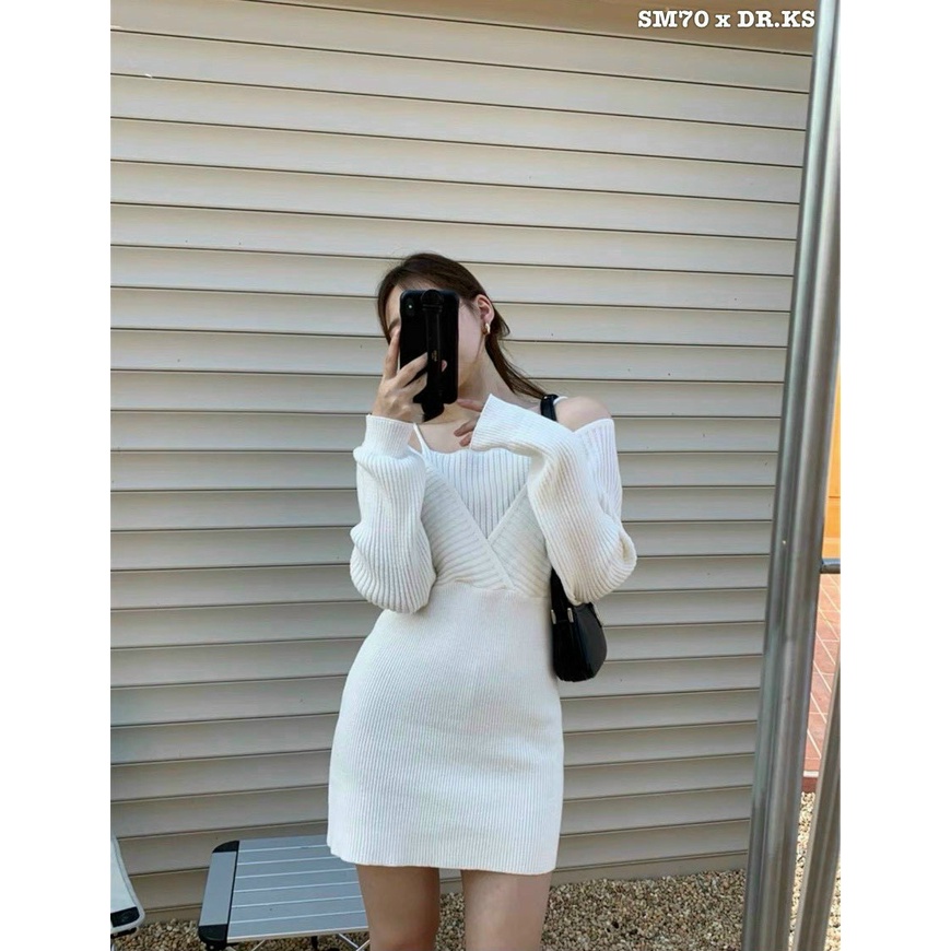 ĐẦM LEN ÔM BODY CỔ V HÀN QUỐC, VÁY LEN ÔM BODY, VÁY LEN DÁNG DÀI, ĐẦM LEN DÀI TAY XINH XẮN