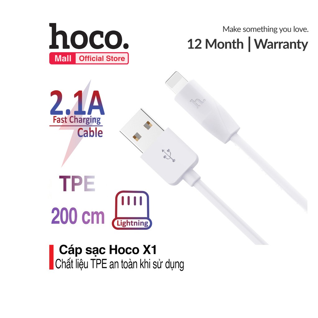 Cáp sạc Lightning Hoco X1 cho iPhone/iPad dài 1M/2m/3m dây chống gập siêu bền