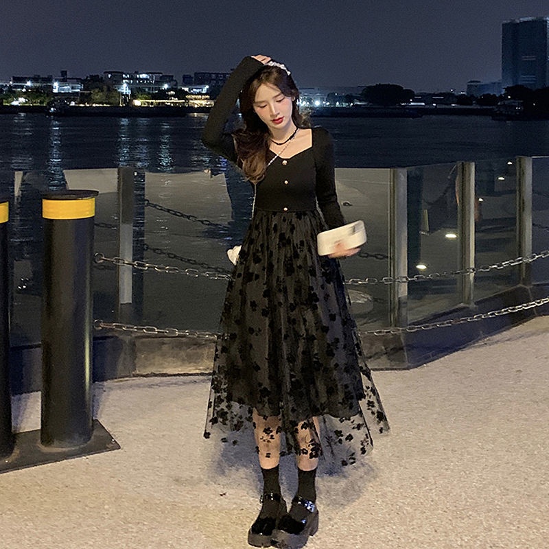 Đầm Chữ A Giả Hai Lớp Phối Lưới Màu Đen Thời Trang Thu Đông