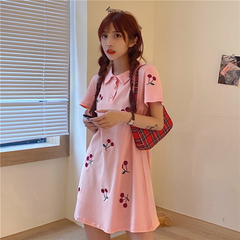 SUXI New Korean Embroidery Cherry Short Sleeve Women Polo Collar Shirt Dress