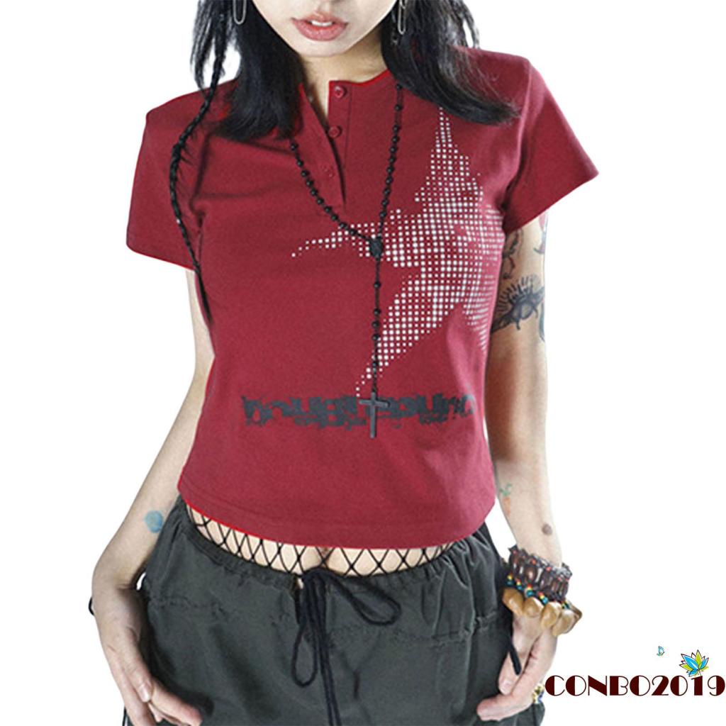 Áo Thun Crop Top Nữ Tay Ngắn In Hình Ngôi Sao